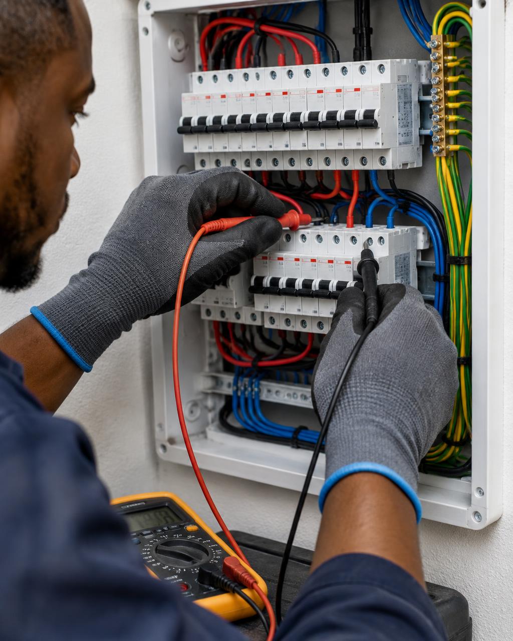 Electrician testing circuit breakers in a distribution board