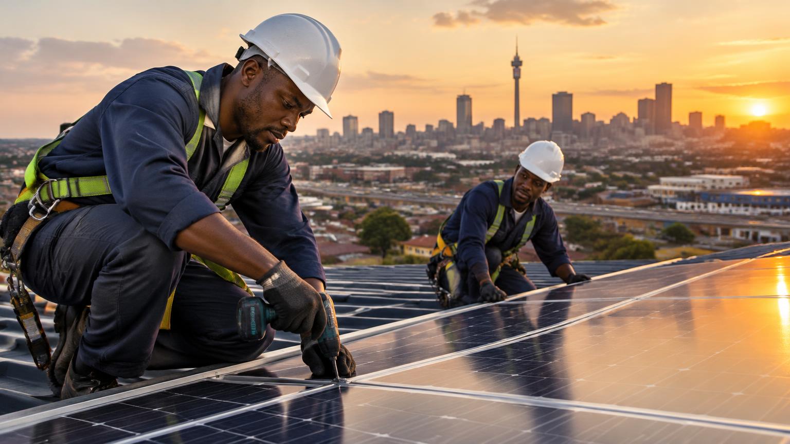 Solar installers mounting panels on a roof